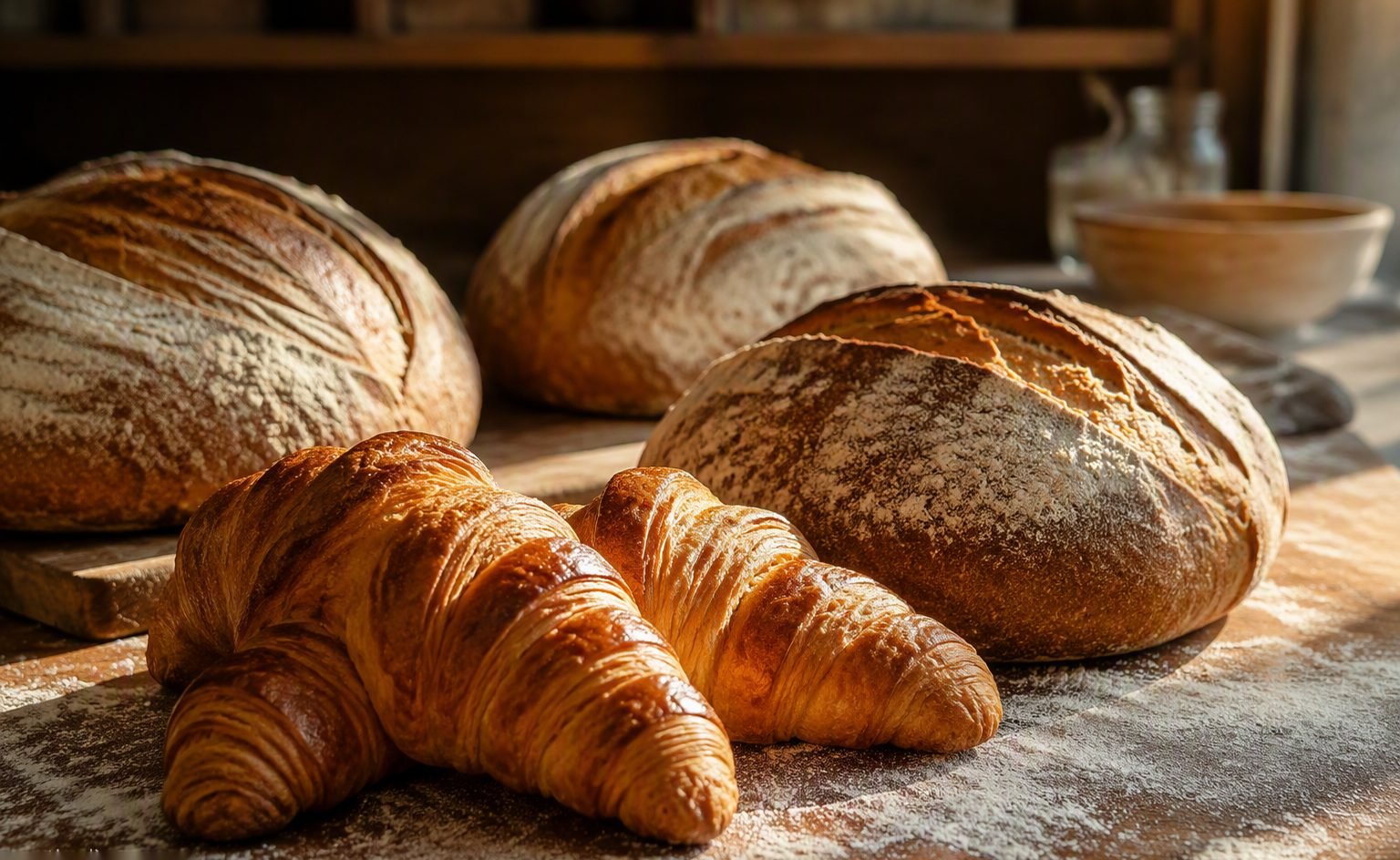Illustrative image — Golden bread loaves and buns moving on a conveyor through a commercial bakery tunnel oven