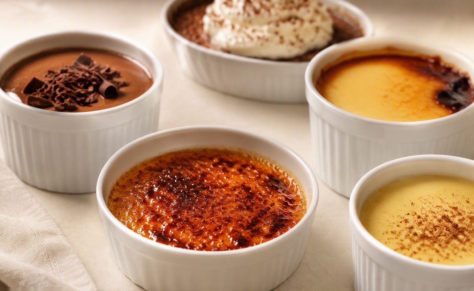 Illustrative image — Vanilla custard desserts in glass cups moving along a filling line in a dessert factory