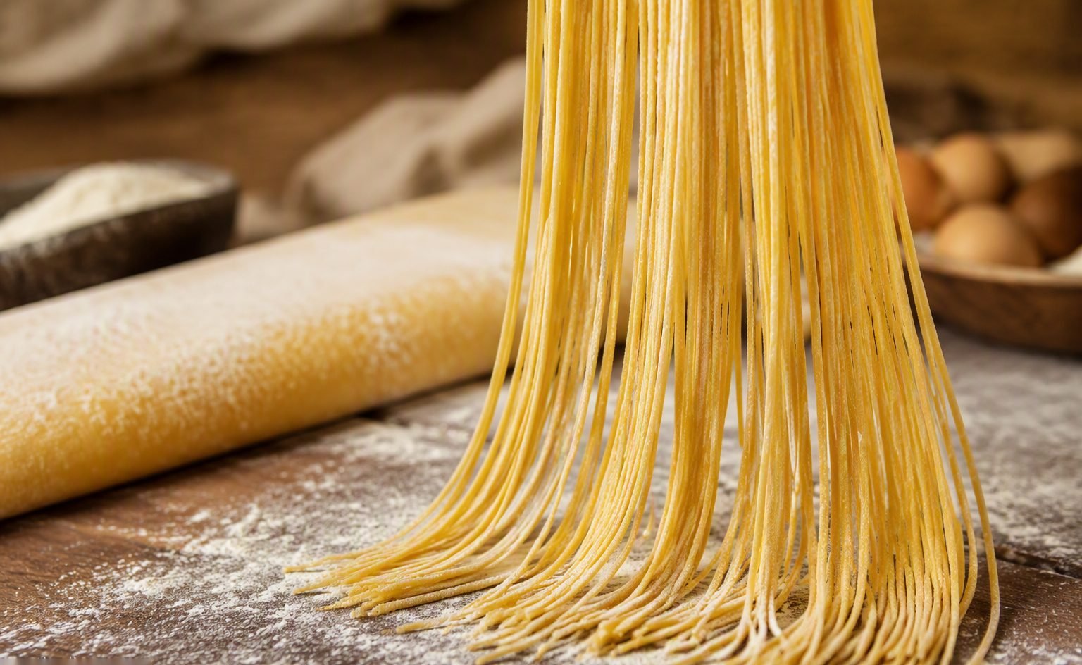 Illustrative image — Wavy yellow instant noodle blocks moving on conveyor belts in a noodle factory
