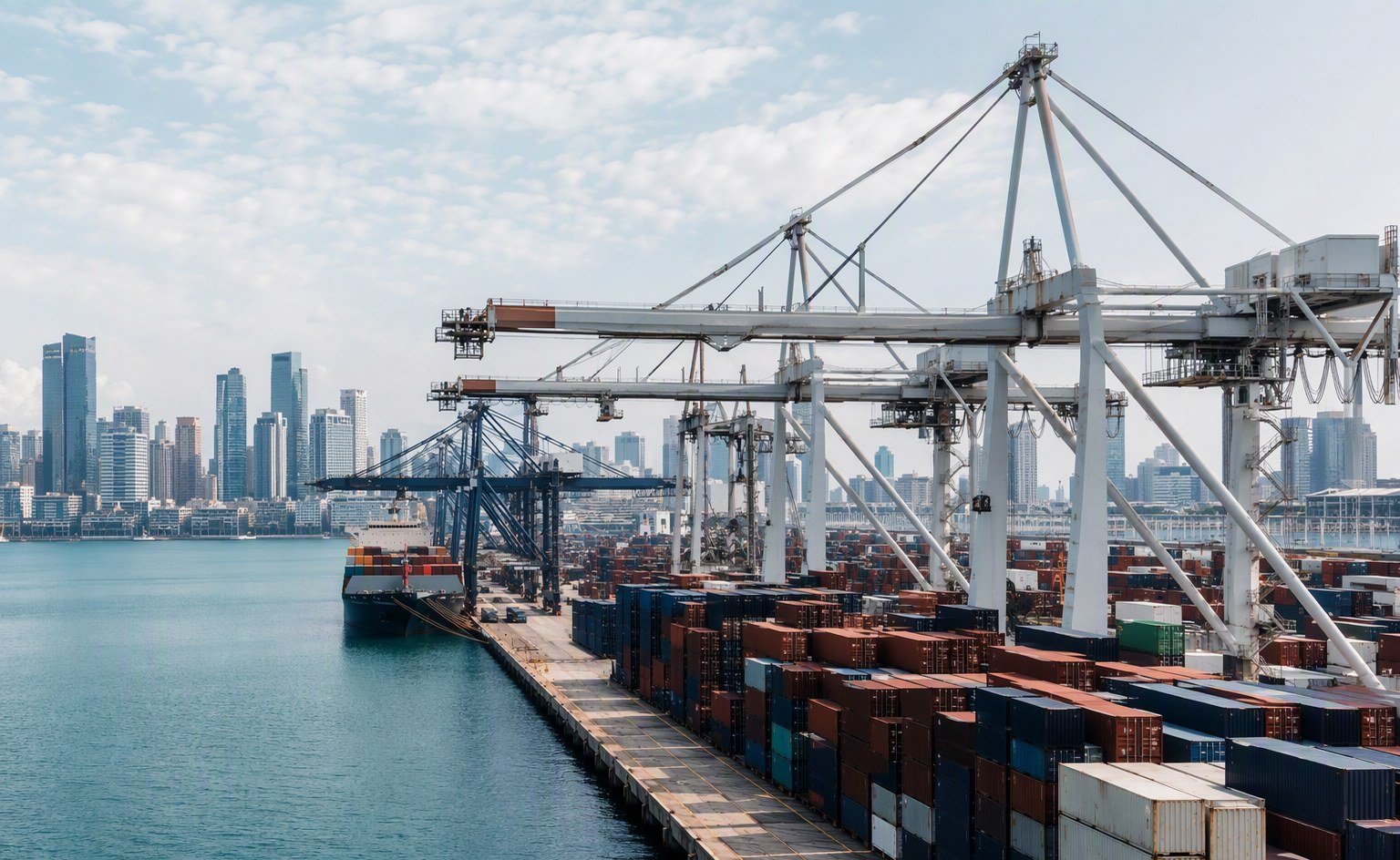 Illustrative image — Container cranes and stacked shipping containers at a large container terminal under an overcast sky, representing food ingredient imports into Australia