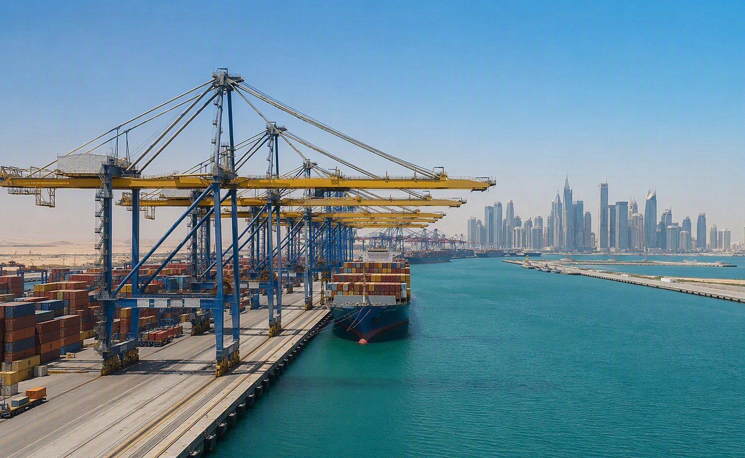 Illustrative image — Container port on the Gulf with cranes and stacked shipping containers under a clear sky, representing food ingredient imports into Kuwait