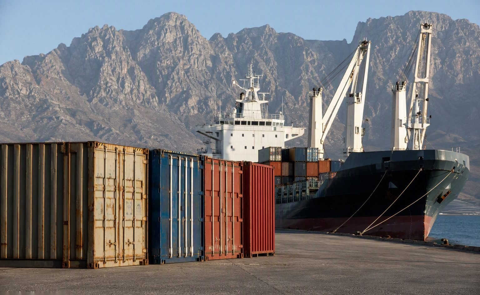 Illustrative image — Container terminal at a coastal port with mountains behind, representing southern Arabian peninsula shipping