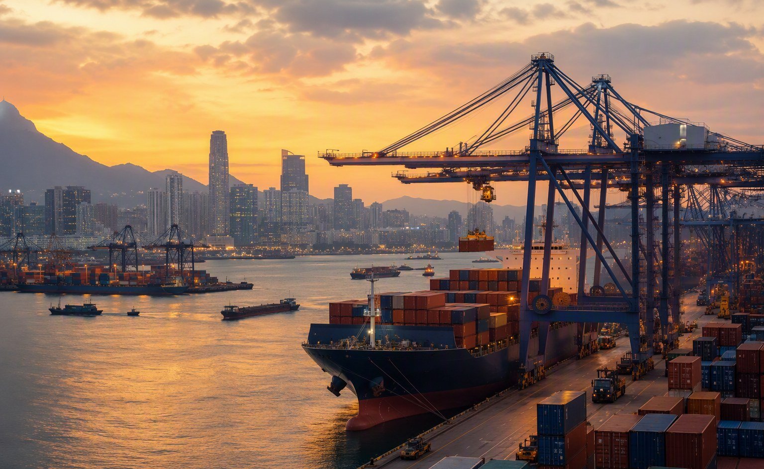 Illustrative image — Container port at dusk with cranes and stacked shipping containers, representing food ingredient imports into the Philippines