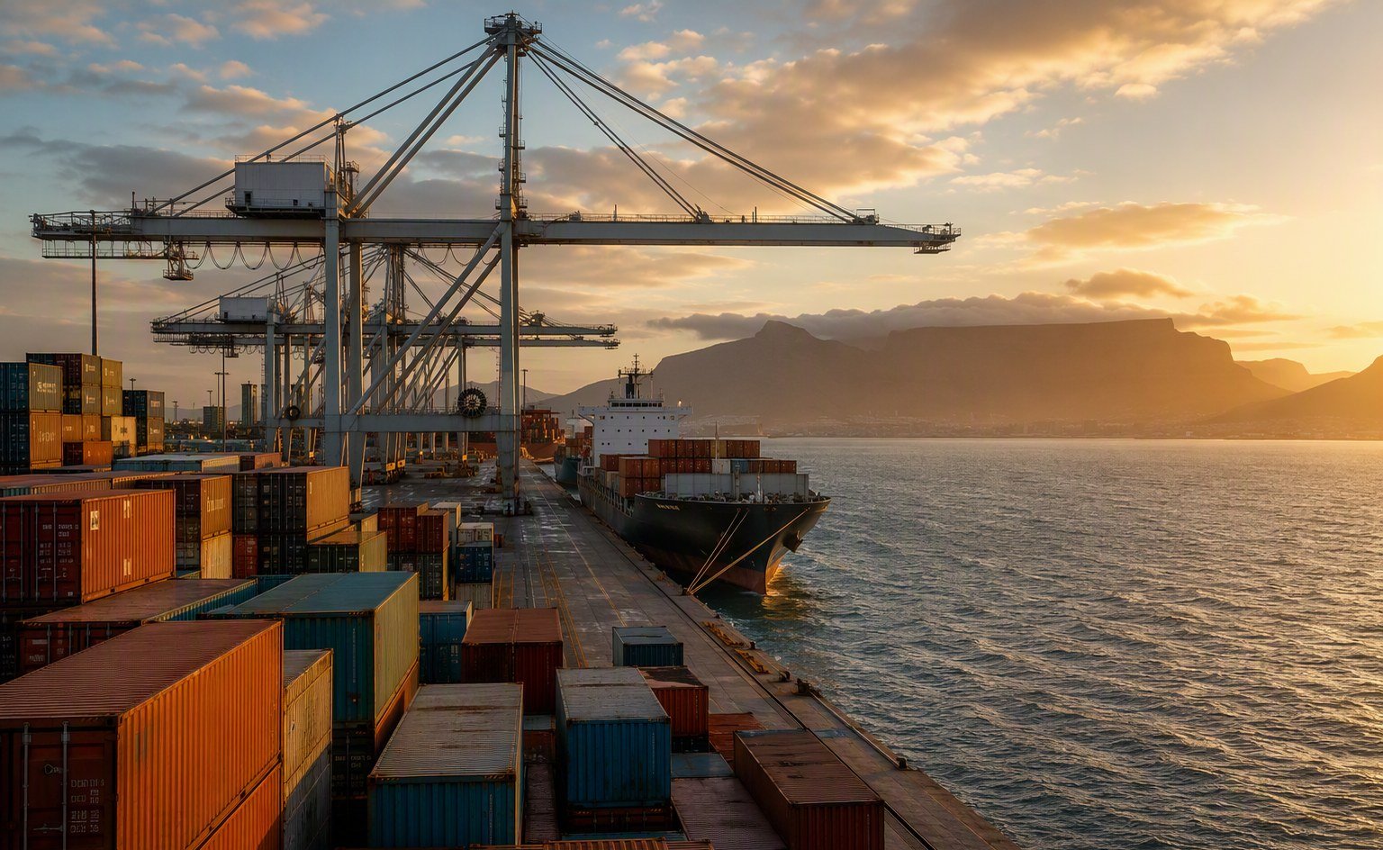 Illustrative image — Container terminal with cranes and stacked containers at golden hour near a coastal city, representing food ingredient imports into South Africa