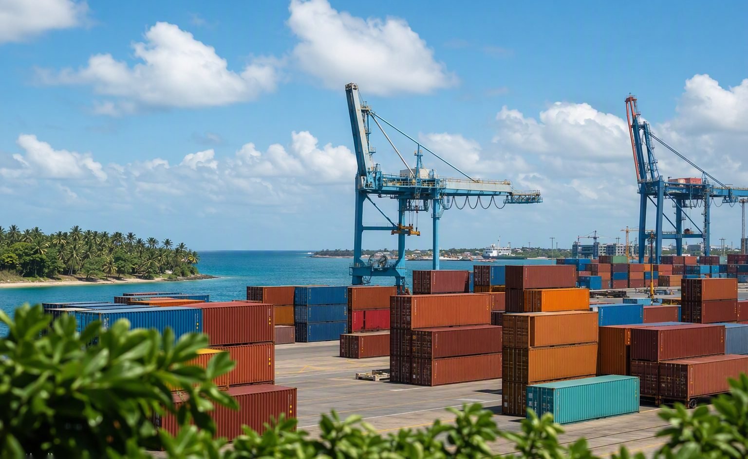 Illustrative image — Large container port with cranes and ships at a tropical harbour, representing island food ingredient imports