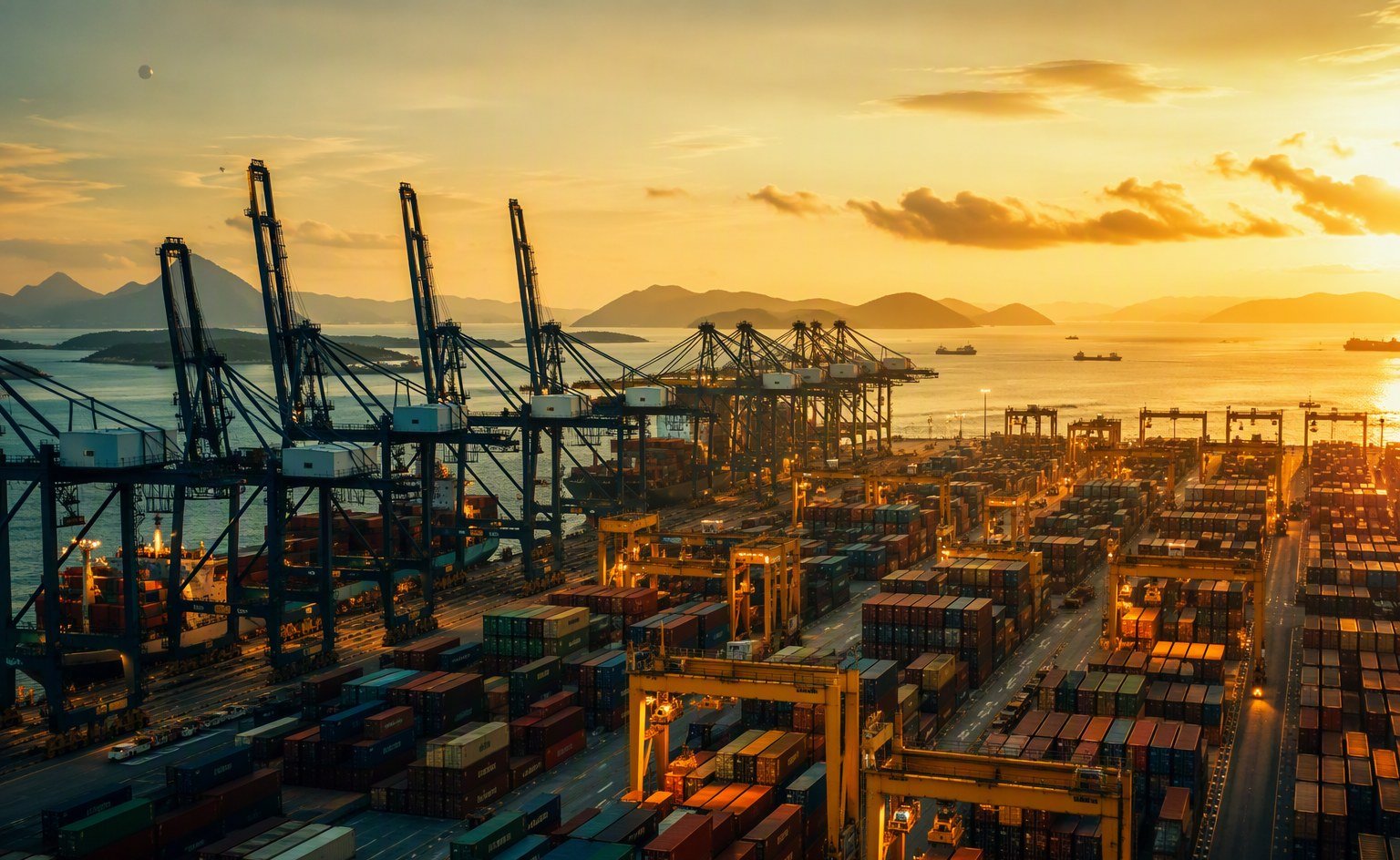 Illustrative image — Container terminal at dusk with gantry cranes and stacked shipping containers, representing food ingredient imports into Southeast Asia
