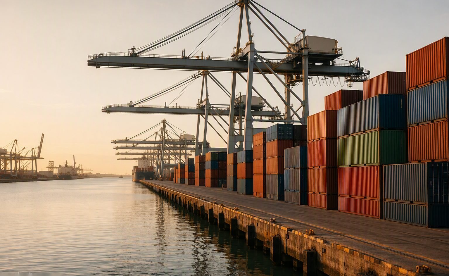 Illustrative image — Container port skyline at dusk with cranes and stacked shipping containers, representing Gulf food ingredient imports