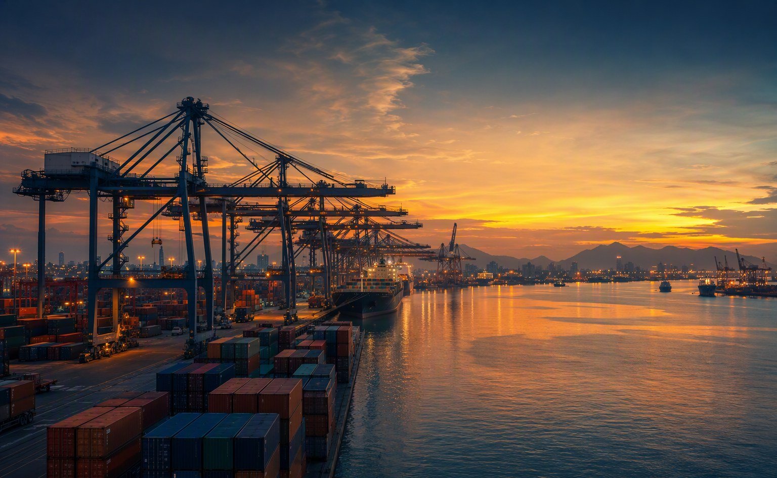 Illustrative image — Container port at dusk with cranes and stacked shipping containers, representing Southeast Asian food ingredient imports