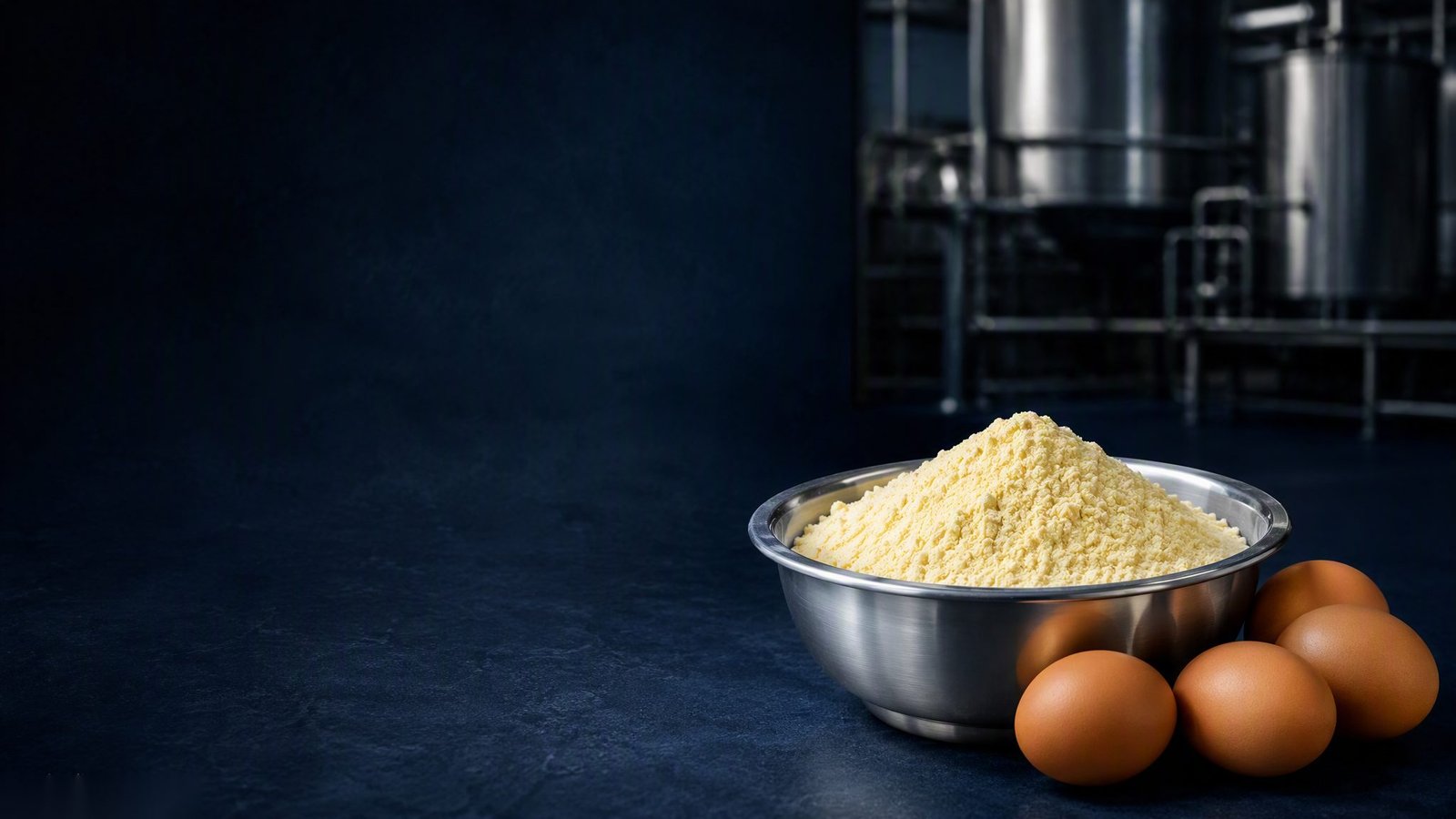Whole egg powder in a steel bowl beside fresh brown eggs — illustrative editorial image