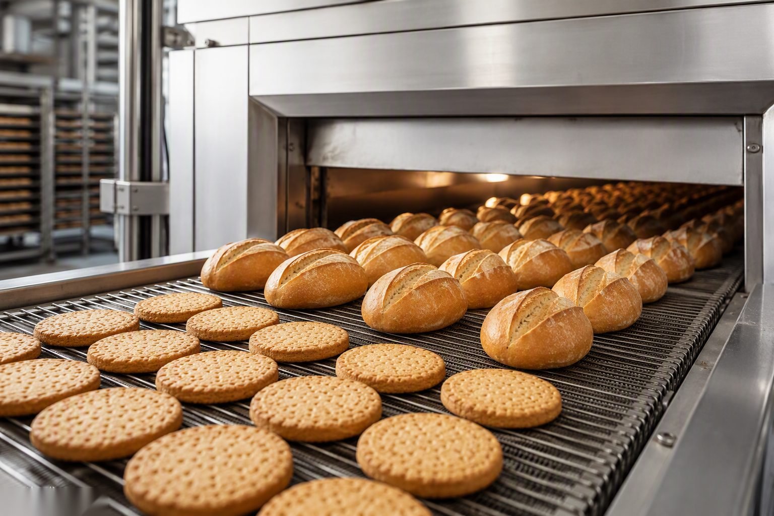 Illustrative image — Industrial bakery production — baked goods moving through a commercial bakery line