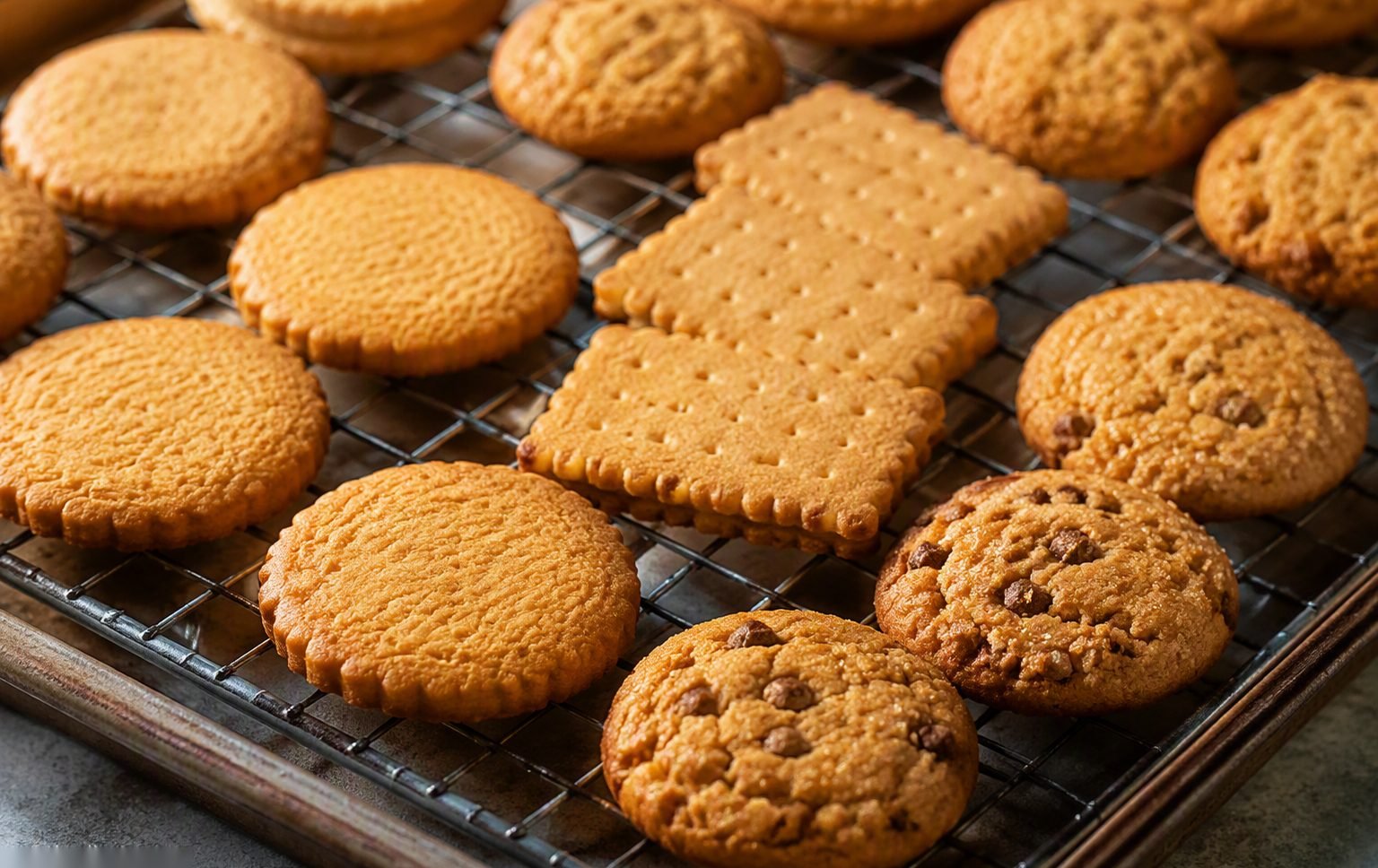 Illustrative image — Biscuits moving on an industrial conveyor out of a tunnel oven in a biscuit factory