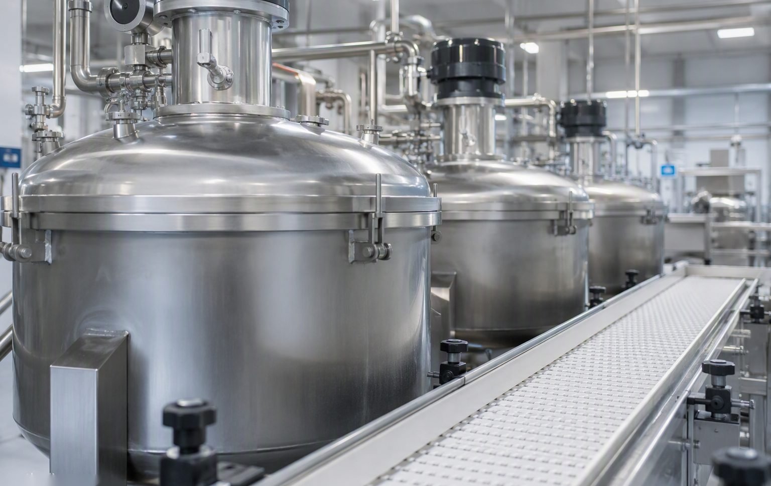 Illustrative image — Modern food processing plant interior with stainless steel tanks and equipment