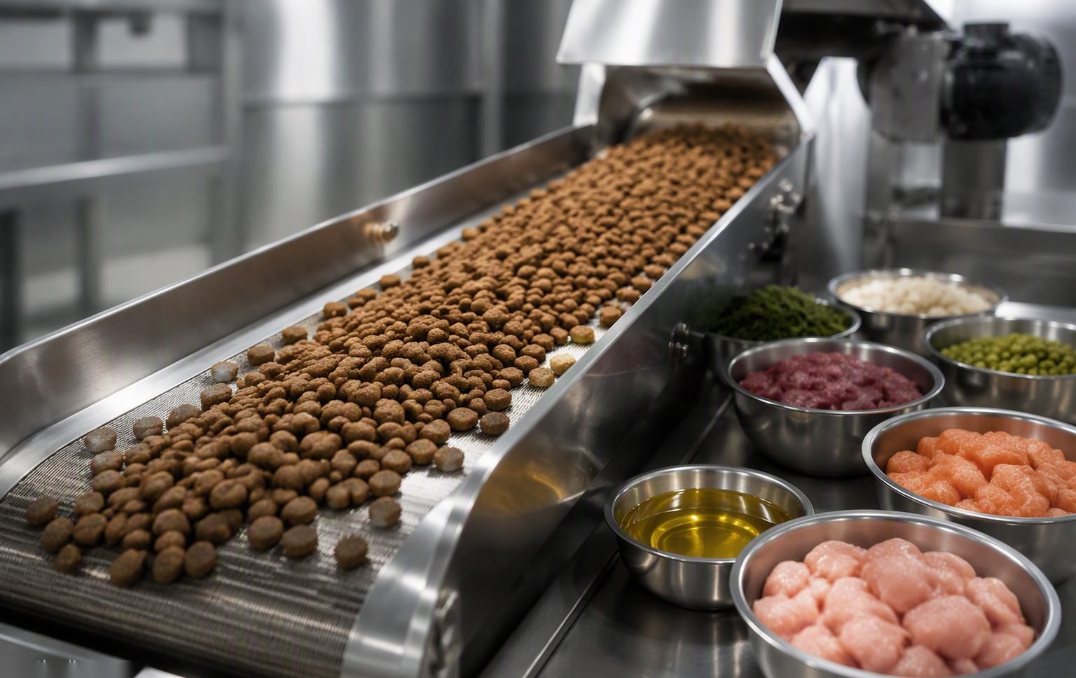 Illustrative image — Dry pet food kibble moving along a production line in a pet food factory
