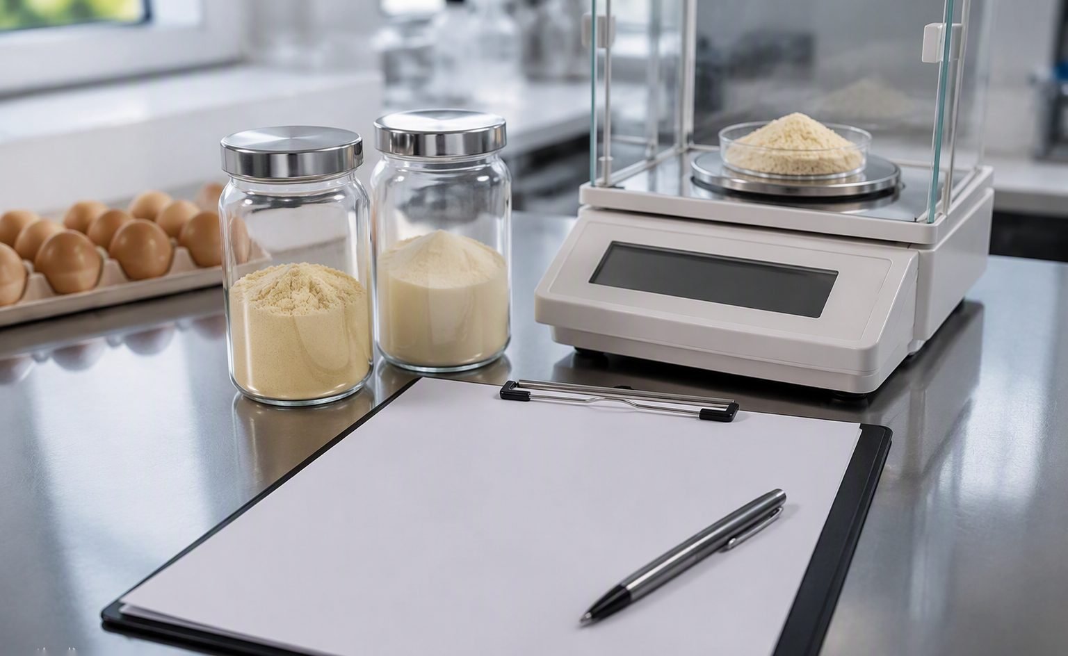 Illustrative image — Close-up of a batch certificate document beside labelled sample bags and a clipboard on a laboratory bench