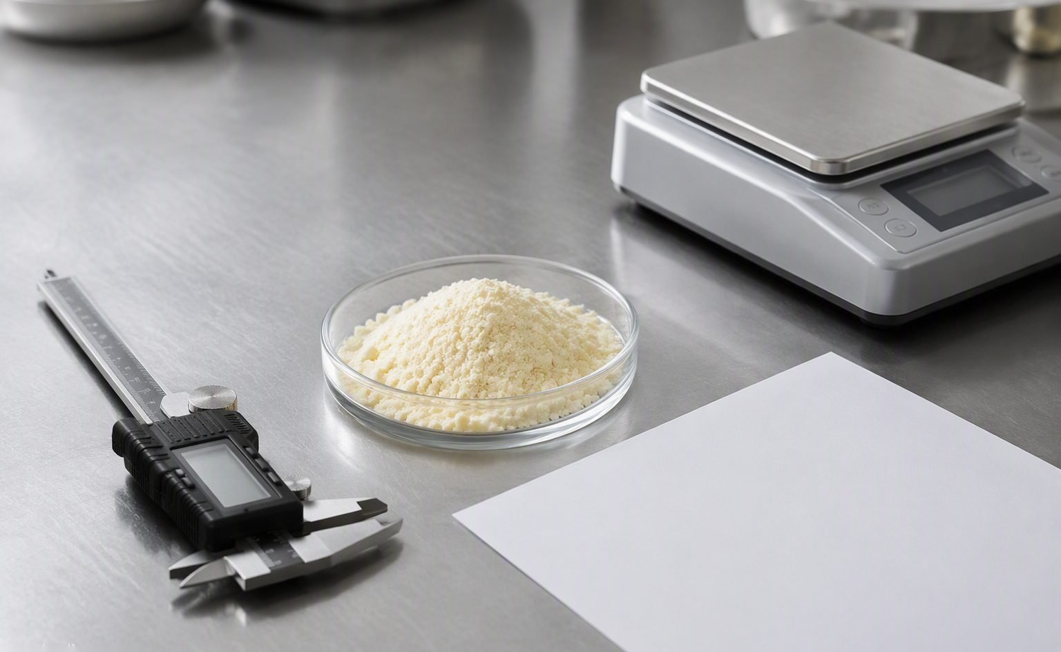 Illustrative image — Technical specification documents and a powder sample in a sealed bag on a desk with a laptop