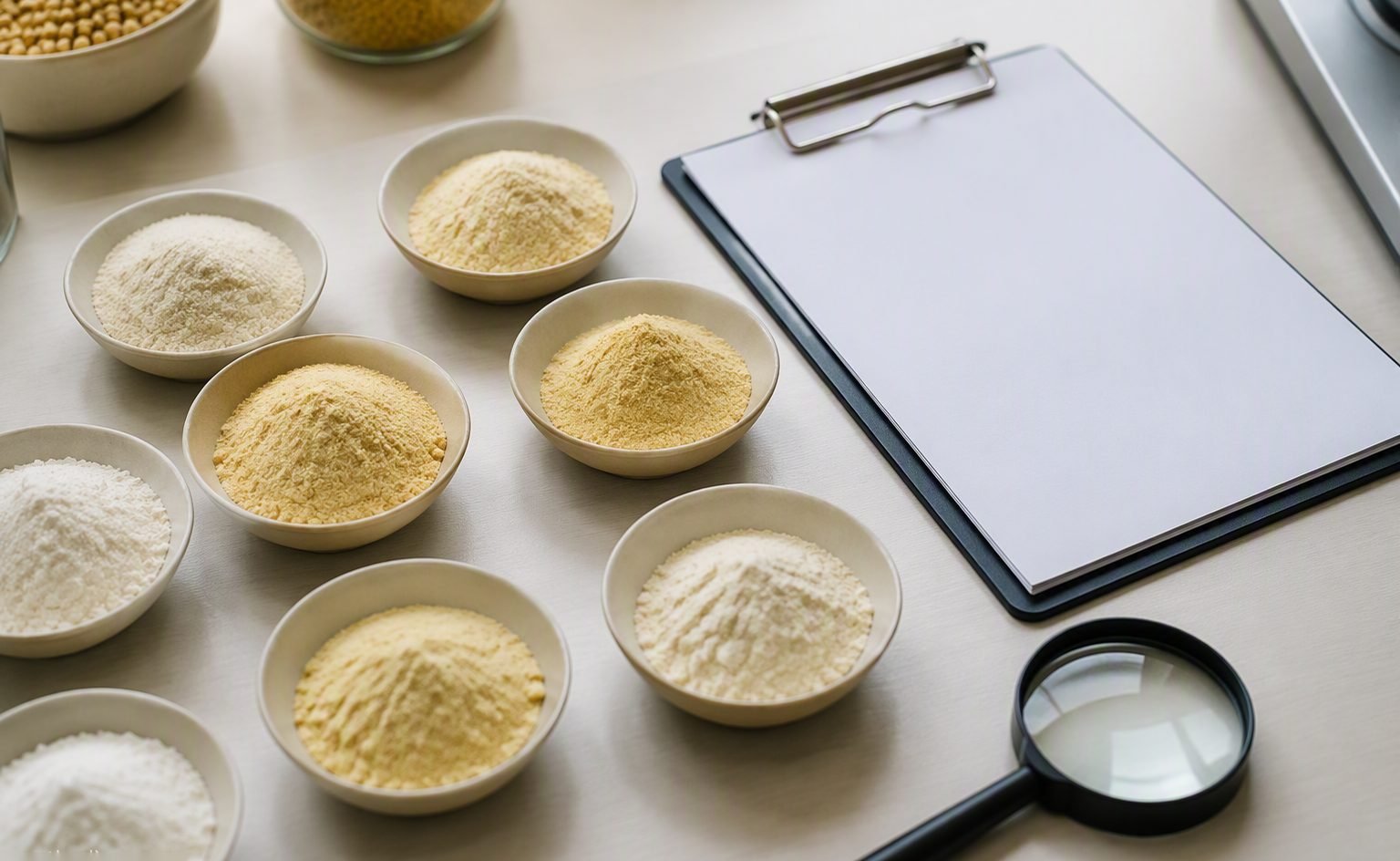Editorial illustration of a procurement checklist and egg powder specification documents on a desk