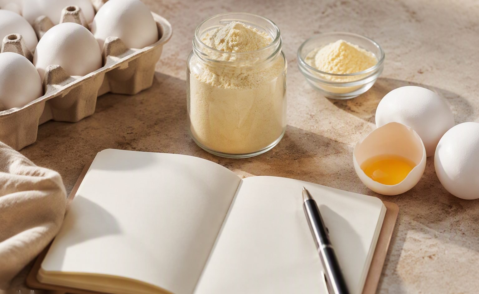 Editorial illustration of frequently asked buyer questions about egg ingredients with documents and product samples