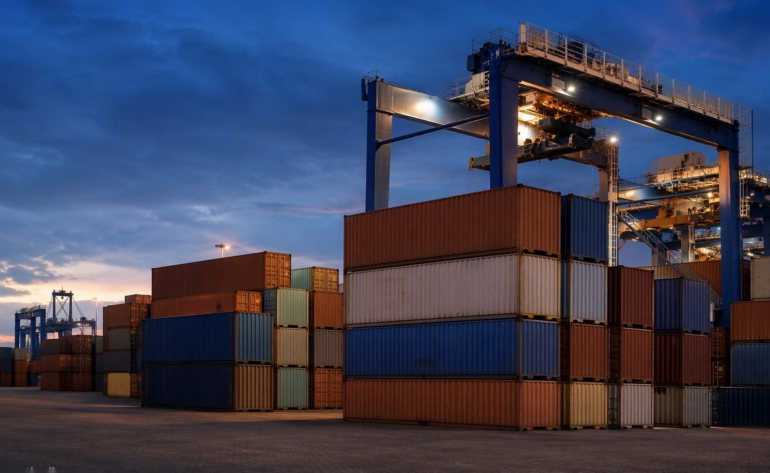 Editorial illustration of export documentation and a container being loaded with palletised ingredients at a port