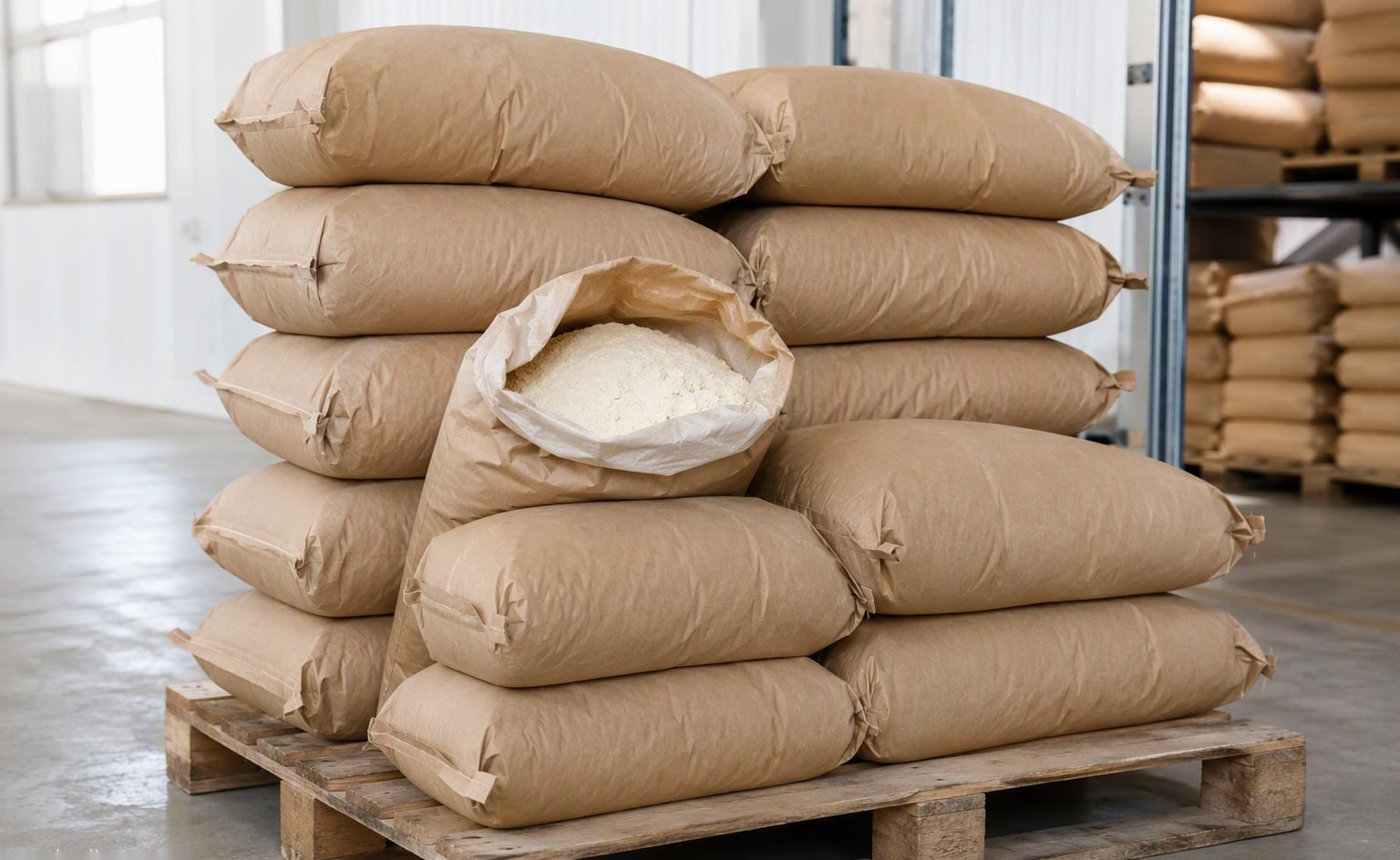 Editorial illustration of sealed multi-layer ingredient bags and palletised cartons ready for shipment