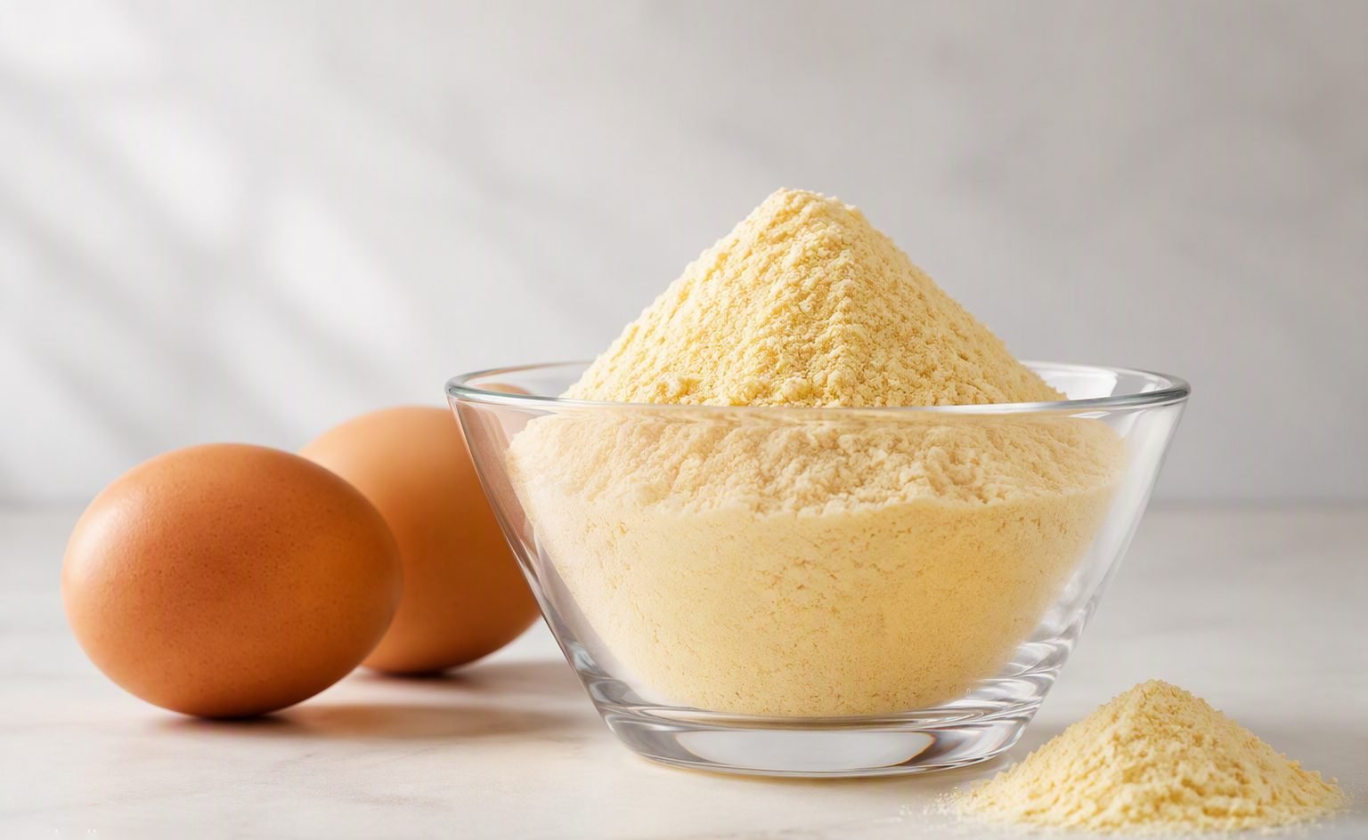 Editorial illustration comparing fresh shell eggs and egg powder side by side on a preparation counter