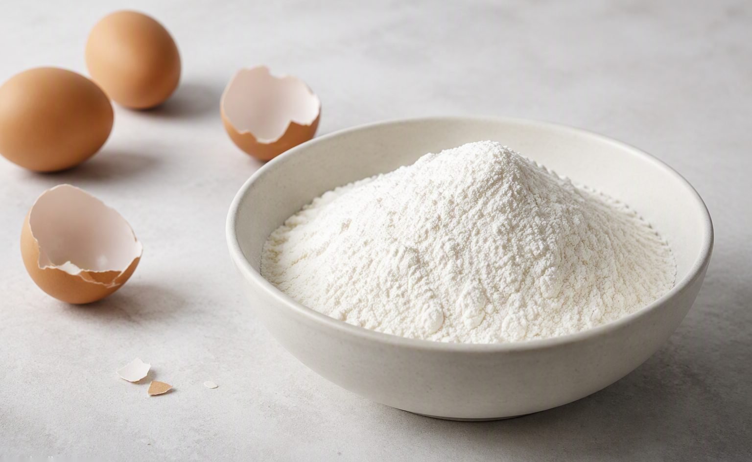 Editorial illustration of fine white egg albumen powder and a whisked foam test in a food laboratory