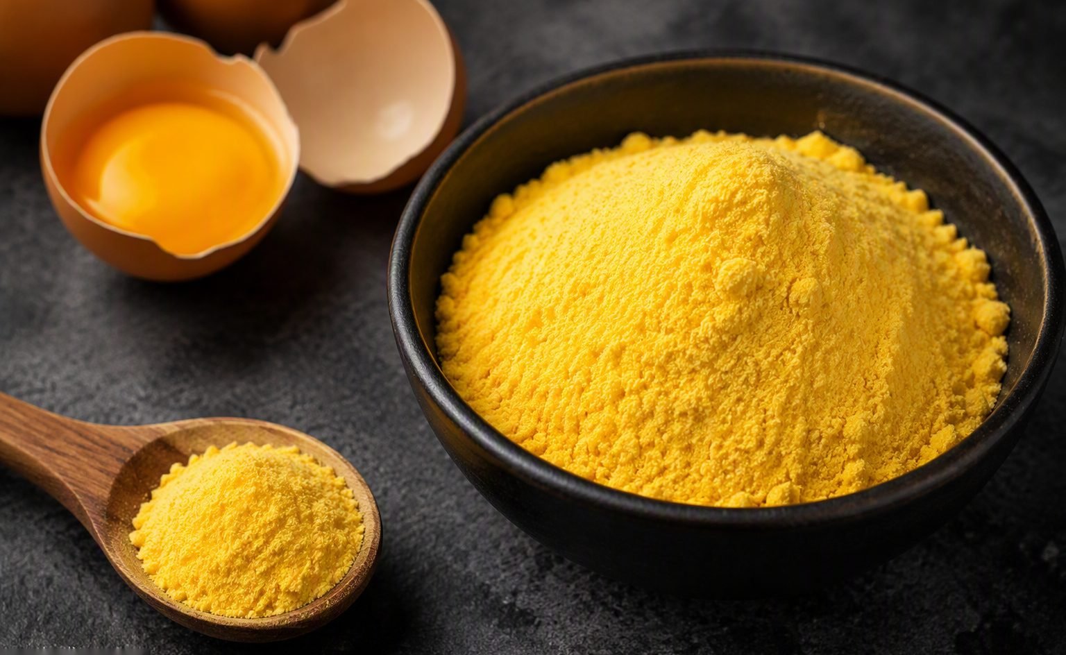 Editorial illustration of deep-yellow egg yolk powder beside a mayonnaise emulsion in a stainless bowl